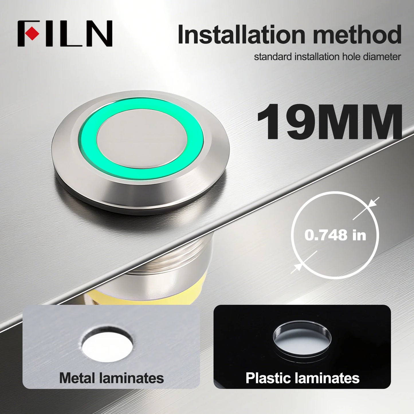 FILN IP67 22mm 20A Waterproof Metal Button Stainless Steel Push Button Switch 12V 24V 110V 220V High Current Flat Ring Round