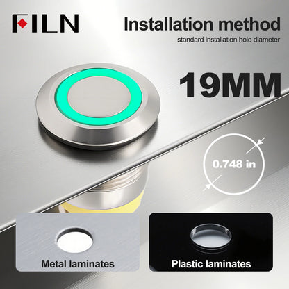 FILN IP67 22mm 20A Waterproof Metal Button Stainless Steel Push Button Switch 12V 24V 110V 220V High Current Flat Ring Round
