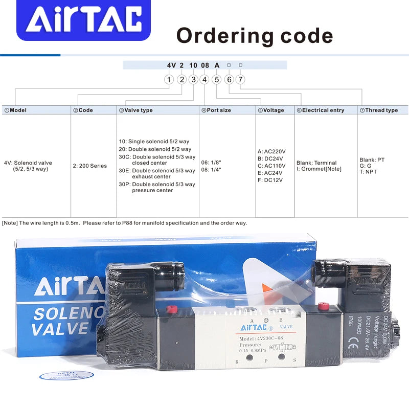 AirTAC 4V130C-06 4V230C-08 4V330C-10 4V430C-15 Pneumatic Air Solenoid Valve 5 Port 3 Position Way Reversing  12V 24V 110V 220V