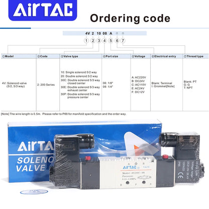 AirTAC 4V130C-06 4V230C-08 4V330C-10 4V430C-15 Pneumatic Air Solenoid Valve 5 Port 3 Position Way Reversing  12V 24V 110V 220V