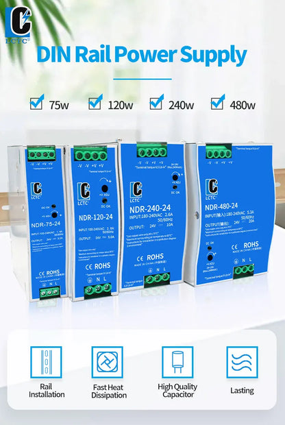 LCTC Switching Power Supply NDR-75W 120W 240W 480W Industrial DIN Rail 12V 24V 48V AC/DC Single Output Power Transformer