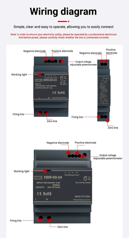 HDR-15 Series 15W Ultrathin Switching Power Supply with DC 5V/12V/24V/48V Outputs 100-240VAC Input DIN Rail Mounting