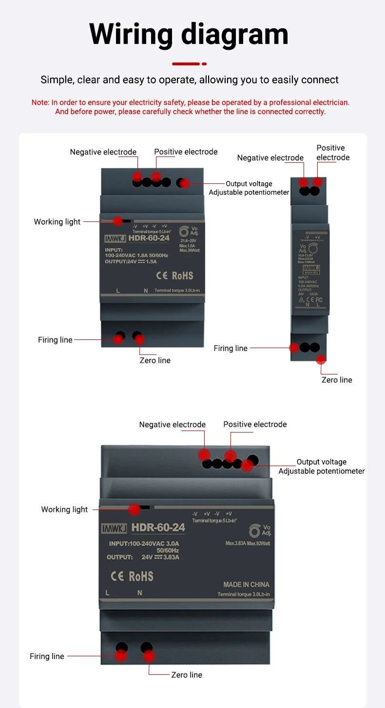 HDR-15 Series 15W Ultrathin Switching Power Supply with DC 5V/12V/24V/48V Outputs 100-240VAC Input DIN Rail Mounting
