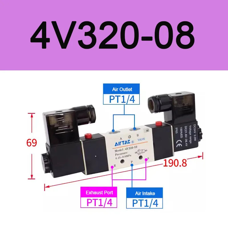 AirTAC 4V120-06 4V220-08 4V320-10 4v420-15 Solenoid Valve Air Valve Two Position Five Way Reversing Valve 12V 24V 110V 220V
