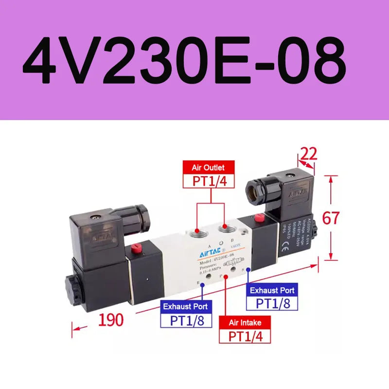 AirTAC 4V130C-06 4V230C-08 4V330C-10 4V430C-15 Pneumatic Air Solenoid Valve 5 Port 3 Position Way Reversing  12V 24V 110V 220V