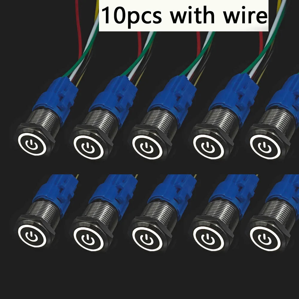 10pcs Momentary Switch 12v Metal Push Button Latching 16mm 19mm 22mm Red Blue LED Light Start Stop PC Power 3v 5v 6v 24v 220v