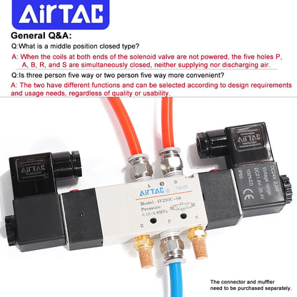 AirTAC 4V130C-06 4V230C-08 4V330C-10 4V430C-15 Pneumatic Air Solenoid Valve 5 Port 3 Position Way Reversing  12V 24V 110V 220V