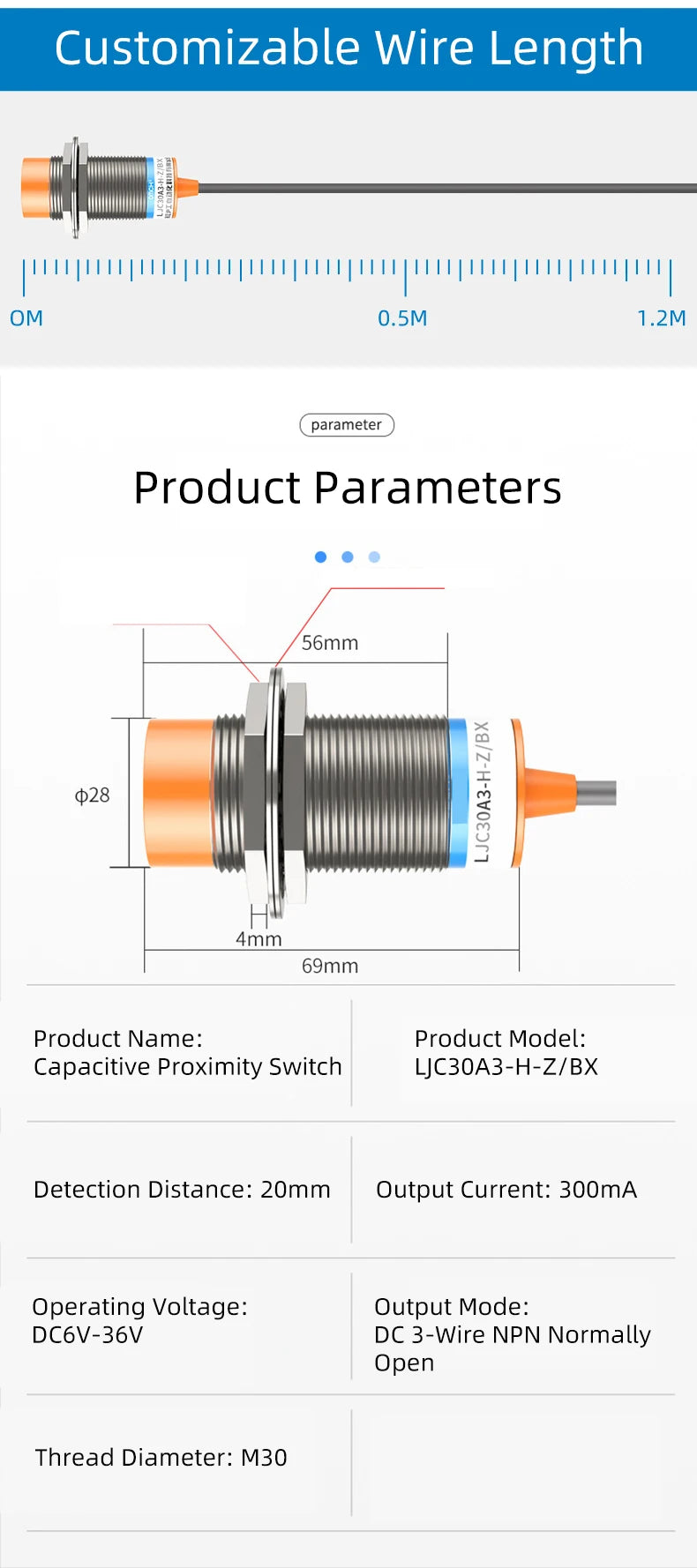 Inductive Metal Proximity Switch M30 Sensor DC Three Line PNP/NPN Normally Open LJ30A3-10-Z/BY Detecting Distance 10mm