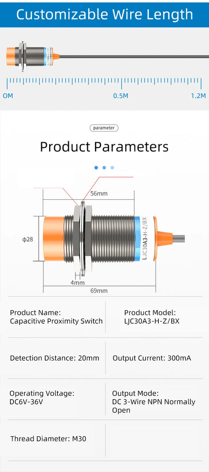 Inductive Metal Proximity Switch M30 Sensor DC Three Line PNP/NPN Normally Open LJ30A3-10-Z/BY Detecting Distance 10mm