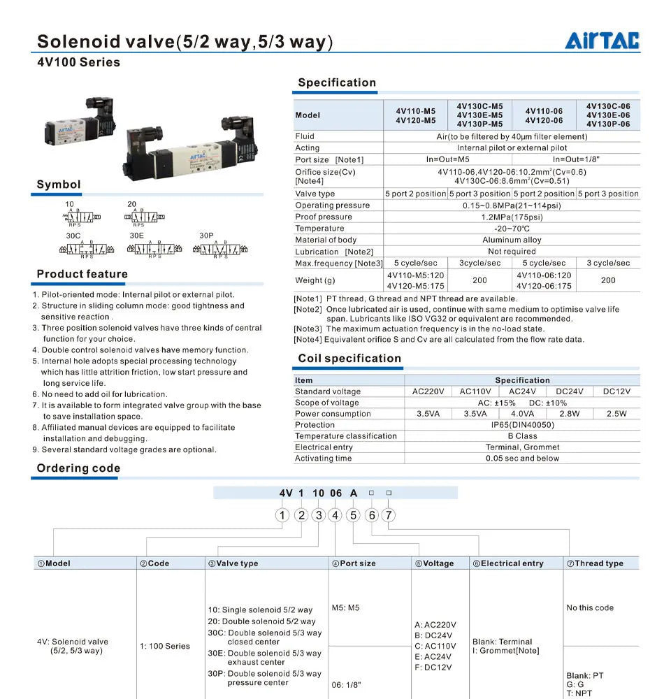 AirTAC 4V120-06 4V220-08 4V320-10 4v420-15 Solenoid Valve Air Valve Two Position Five Way Reversing Valve 12V 24V 110V 220V