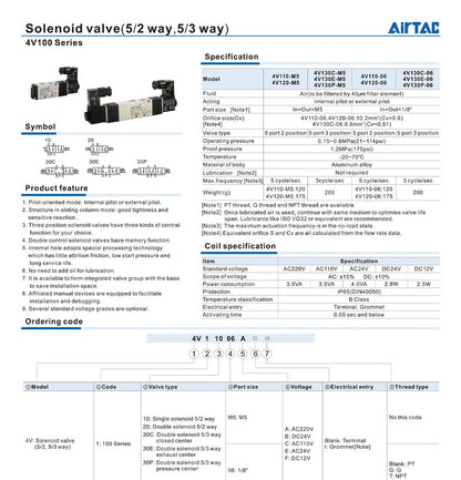 AirTAC 4V120-06 4V220-08 4V320-10 4v420-15 Solenoid Valve Air Valve Two Position Five Way Reversing Valve 12V 24V 110V 220V
