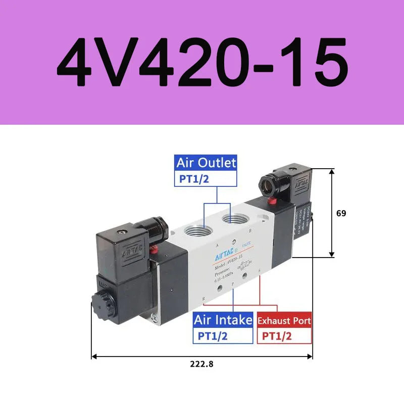AirTAC 4V120-06 4V220-08 4V320-10 4v420-15 Solenoid Valve Air Valve Two Position Five Way Reversing Valve 12V 24V 110V 220V