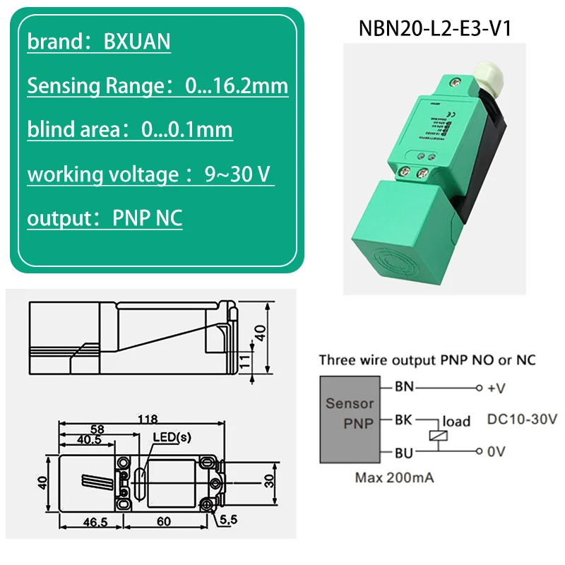 BXUAN Square inductive sensor with a detection distance of 20mm, three wire four wire output NPN PNP AC NO NC