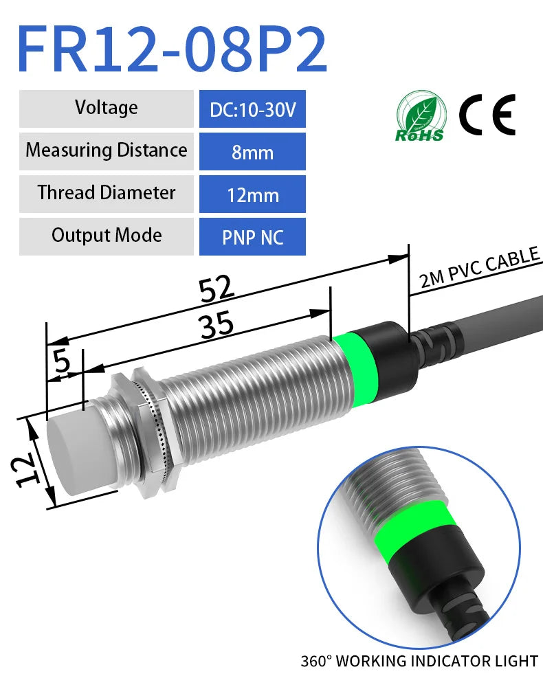 GTRIC Long Distance Inductive Sensor Metal Proximity Switch M12 NPN PNP NO NC 10-30V DC Flush Non-Flush Sensing Range 4mm 8mm