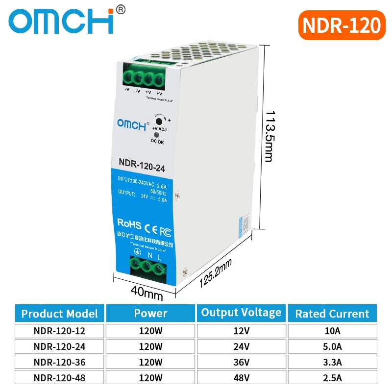 OMCH NDR Series 75/120/150/240/480W AC to DC Din-rail Switching Power Supply 100-240 or 200-240VAC Input 12V/24V/36V/48V Output
