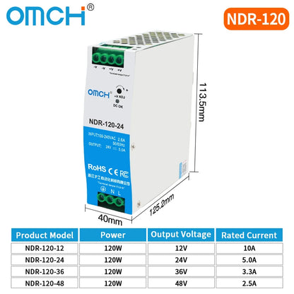 OMCH NDR Series 75/120/150/240/480W AC to DC Din-rail Switching Power Supply 100-240 or 200-240VAC Input 12V/24V/36V/48V Output
