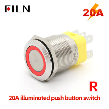 FILN IP67 22mm 20A Waterproof Metal Button Stainless Steel Push Button Switch 12V 24V 110V 220V High Current Flat Ring Round