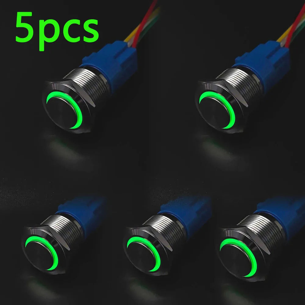 5 pcs Metal Push Button Switch Waterproof Momentary Latching 16mm 19mm 22mm Ring Lamp   LED Light 5V 6V 12V 24V 220V Red Blue