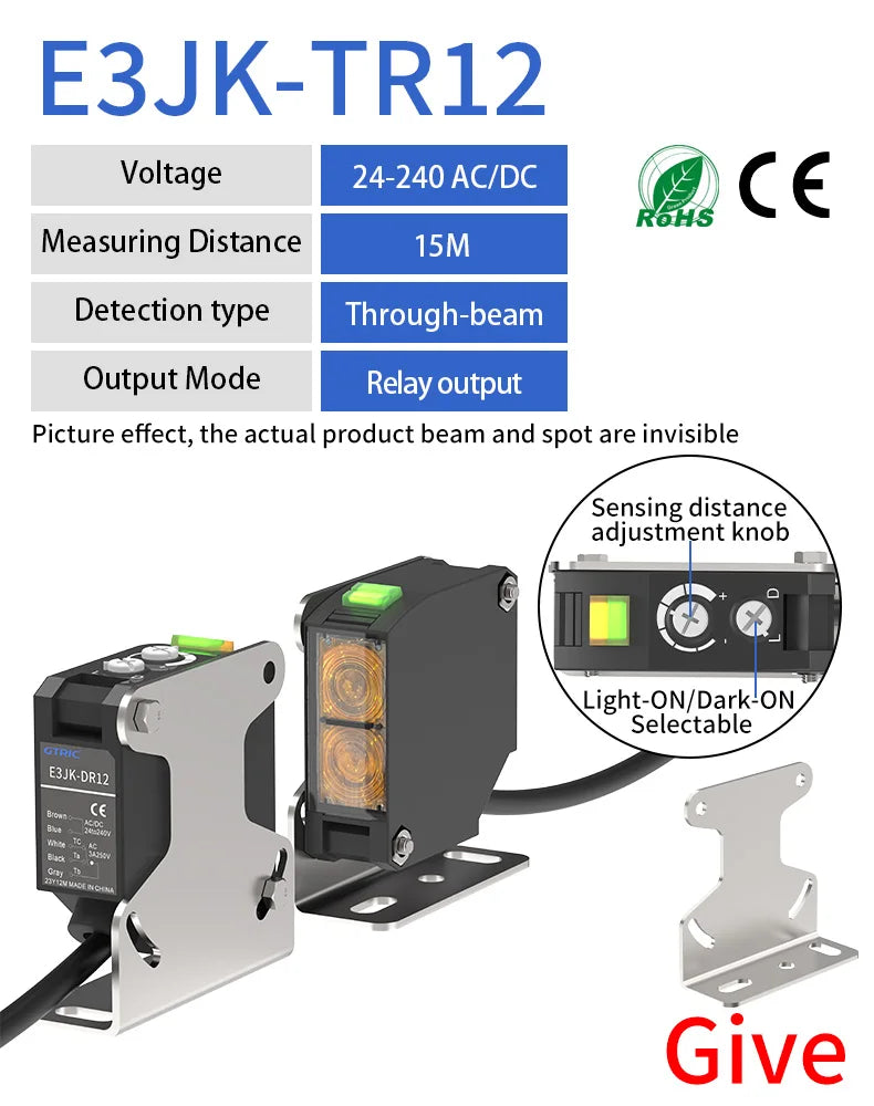 GTRIC E3JK-TR12 Square Photoelectric Sensor Through-beam 24-240V AC/DC Universal Relay Output Diffused Photoelectric Switch