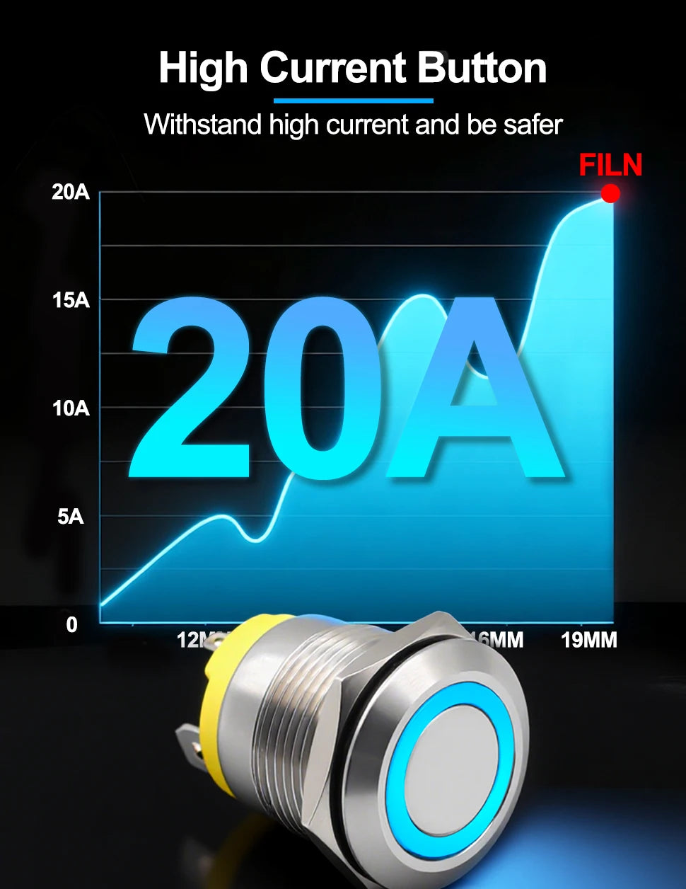 FILN IP67 22mm 20A Waterproof Metal Button Stainless Steel Push Button Switch 12V 24V 110V 220V High Current Flat Ring Round