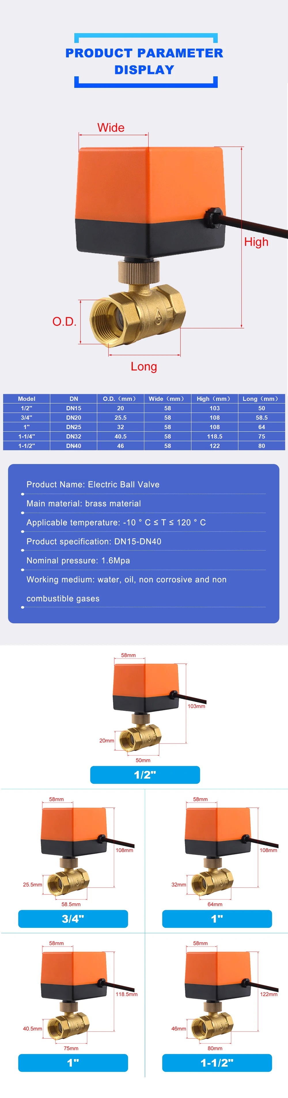 Válvula de Bola Motorizada de Latón 2 Vías 1/2"-1" (DN15/DN20/DN25), 3 Hilos, 12VDC/220VAC