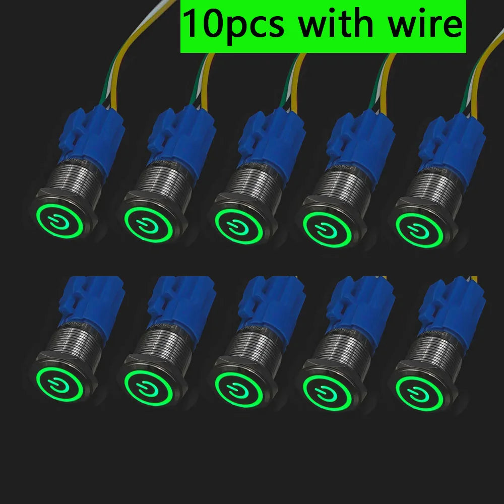10pcs Momentary Switch 12v Metal Push Button Latching 16mm 19mm 22mm Red Blue LED Light Start Stop PC Power 3v 5v 6v 24v 220v