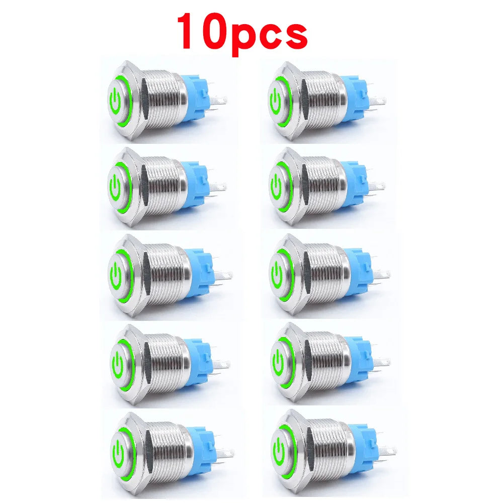 10pcs 16mm 19mm 22mm Metal Push Button Switch with Fixed PC Power Supply Switches Car Engine Momentary Latching LED 5v 12v 220v