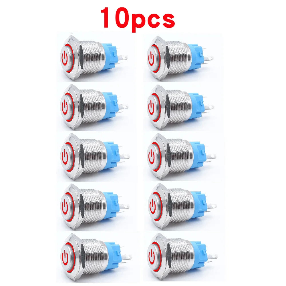 10pcs 16mm 19mm 22mm Metal Push Button Switch with Fixed PC Power Supply Switches Car Engine Momentary Latching LED 5v 12v 220v