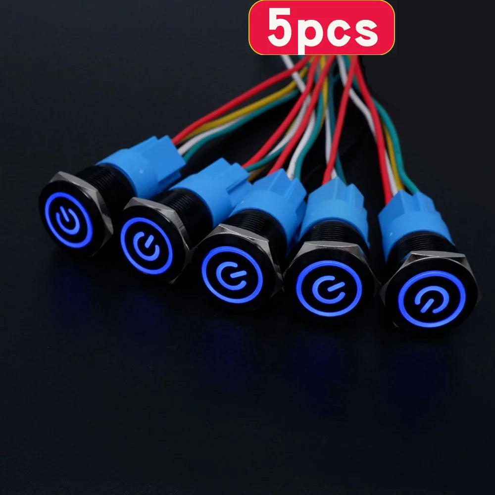 5pcs 16mm 19mm 22mm Metal Push Button Switch Momentary Latching Led Light Flat Head Red Blue Green Yellow White 5V 12V 24V 220V