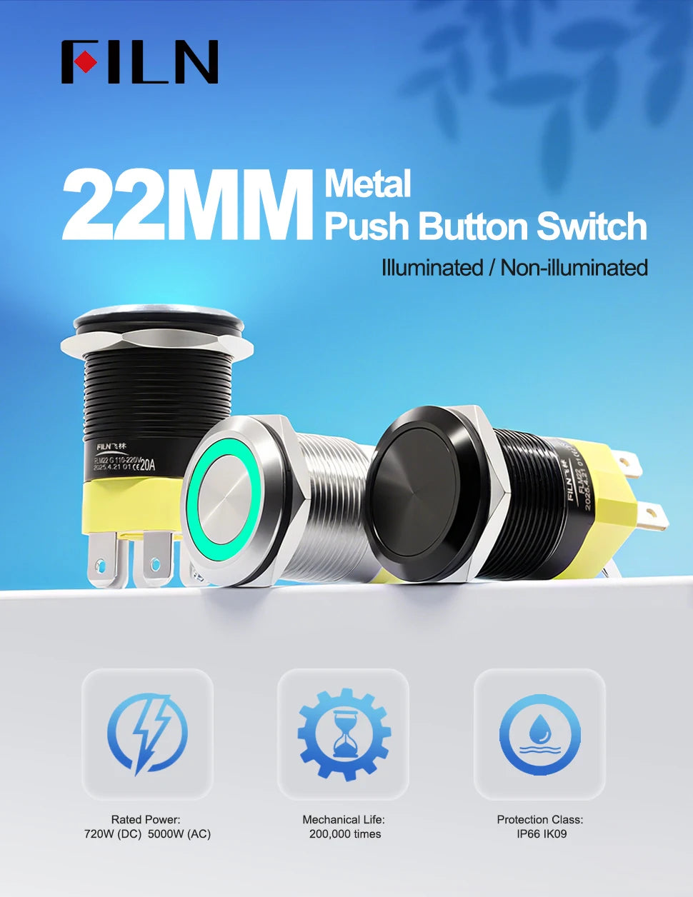 FILN IP67 22mm 20A Waterproof Metal Button Stainless Steel Push Button Switch 12V 24V 110V 220V High Current Flat Ring Round