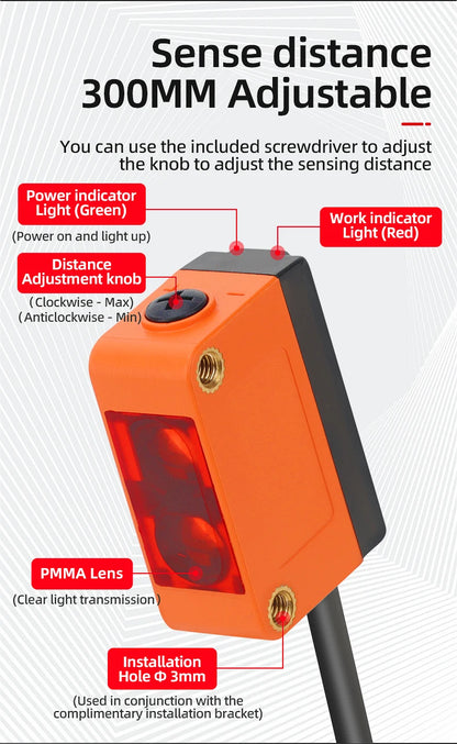 10-300mm Sensing Distance Infrared Diffuse Reflection BackgroundPNP/NPN NO/NC IP67 Optical Sensor DC10-30V Adjustable
