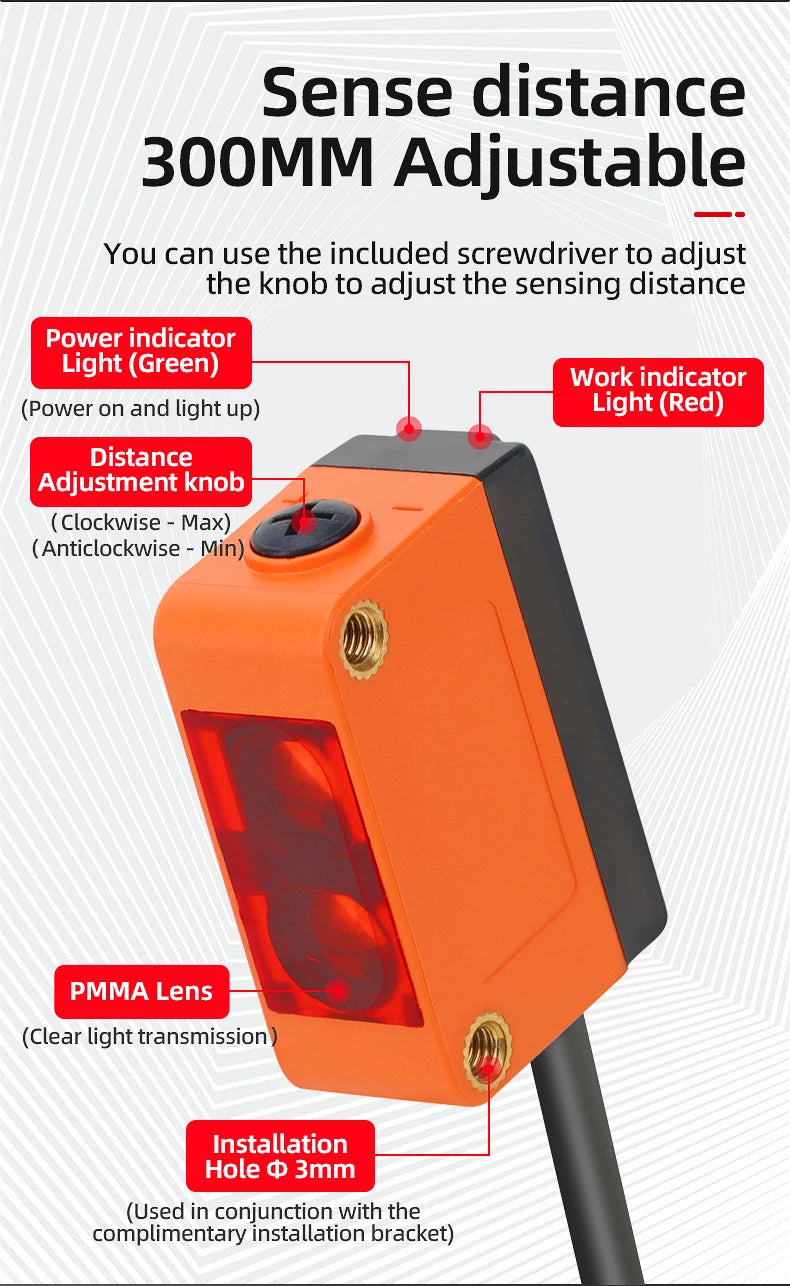 10-300mm Sensing Distance Infrared Diffuse Reflection BackgroundPNP/NPN NO/NC IP67 Optical Sensor DC10-30V Adjustable