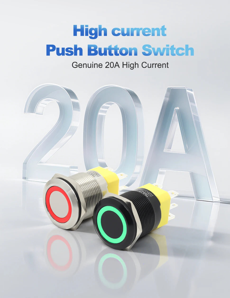 FILN IP67 22mm 20A Waterproof Metal Button Stainless Steel Push Button Switch 12V 24V 110V 220V High Current Flat Ring Round