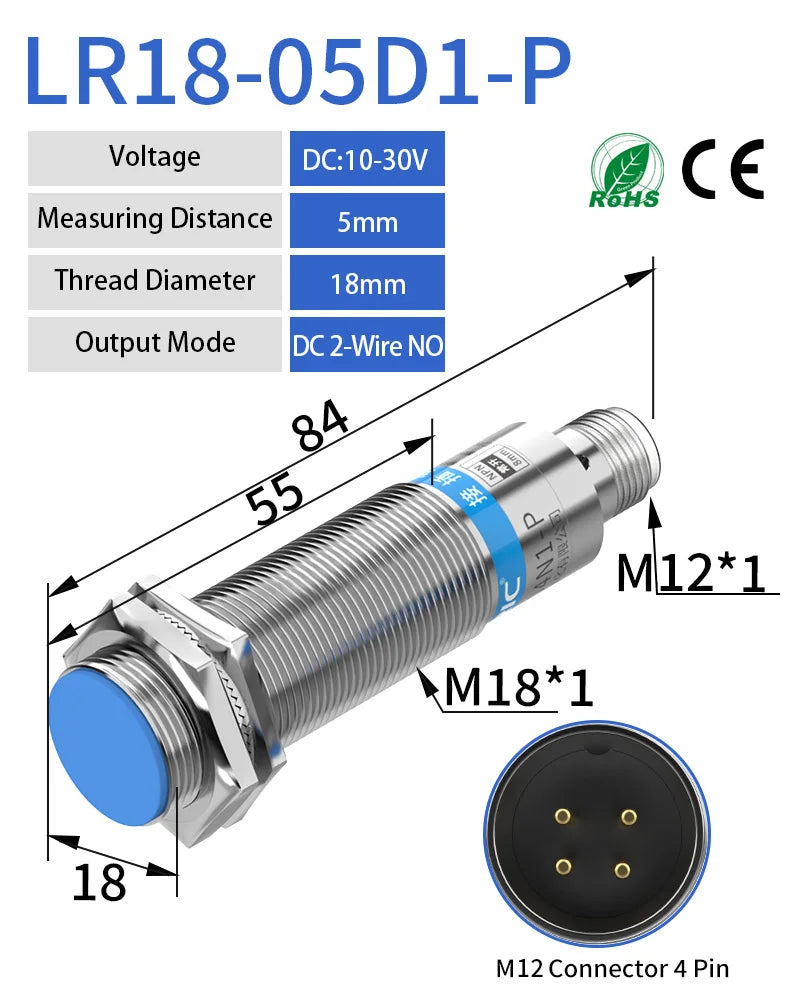 GTRIC M18 Connector Inductive Proximity Sensor NPN PNP M12 4Pins Plug-in Series Flush Distance 5mm 8mm 10-30V DC Metal Switch