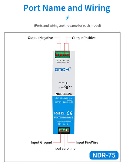 OMCH NDR Series 75/120/150/240/480W AC to DC Din-rail Switching Power Supply 100-240 or 200-240VAC Input 12V/24V/36V/48V Output