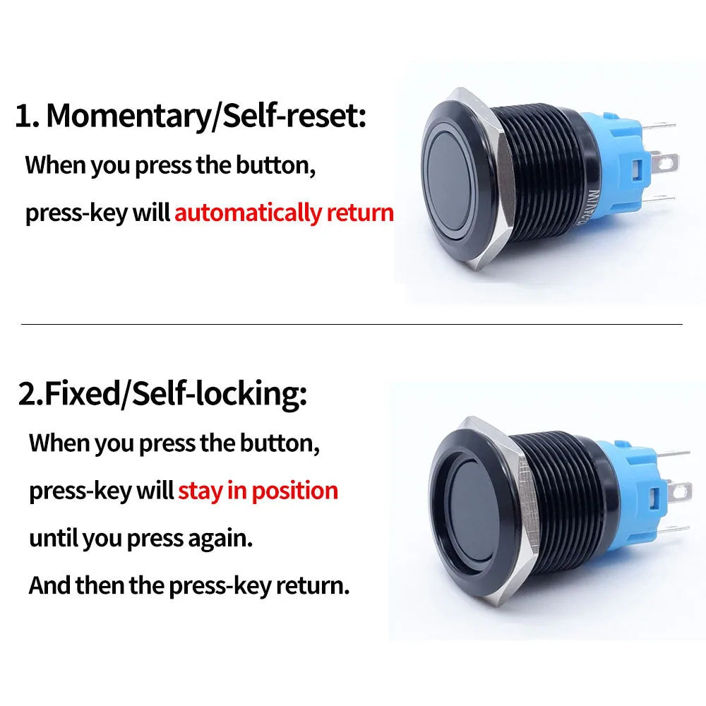 20pcs 16mm 19mm 22mm Metal Push Button Switch LED Ring Power Light Momentary Latching Waterproof  5V 12V 24V 220V Black 1NO1NO