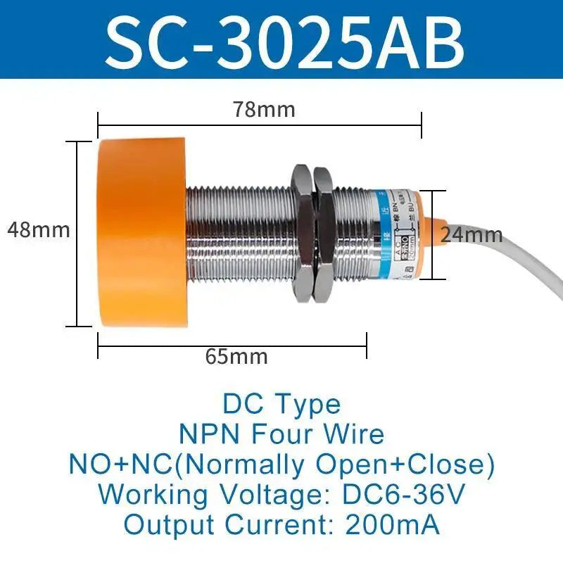 Inductive Proximity Switch Sensor Waterproof SC-3020A Three Wire NPN Normally Open 24V DC M40 20mm