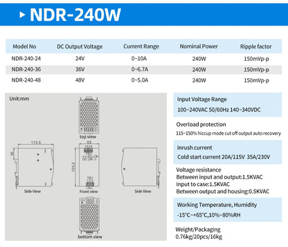 OMCH NDR Series 75/120/150/240/480W AC to DC Din-rail Switching Power Supply 100-240 or 200-240VAC Input 12V/24V/36V/48V Output