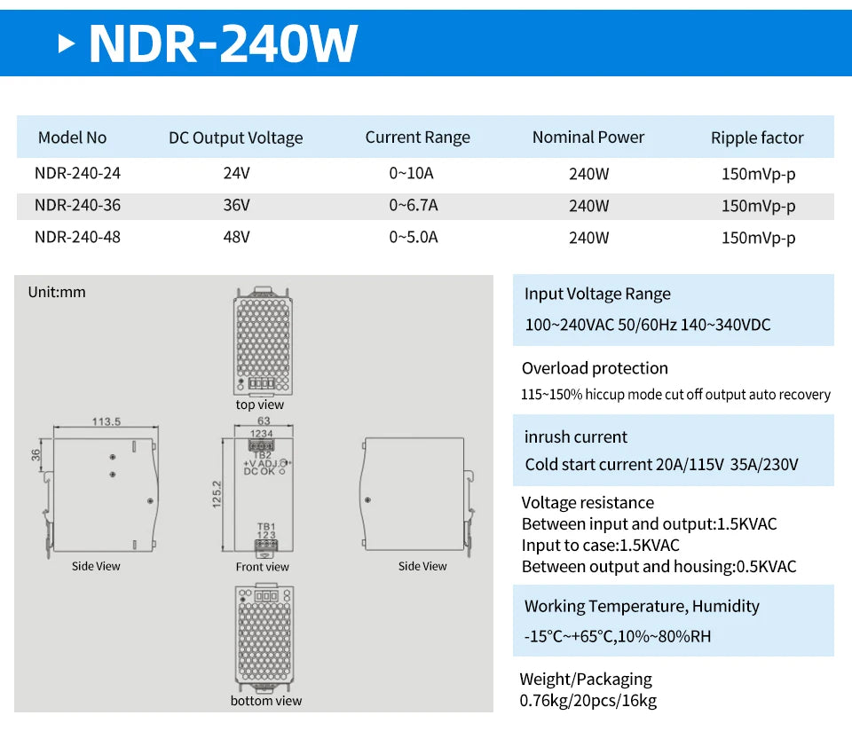 OMCH NDR Series 75/120/150/240/480W AC to DC Din-rail Switching Power Supply 100-240 or 200-240VAC Input 12V/24V/36V/48V Output