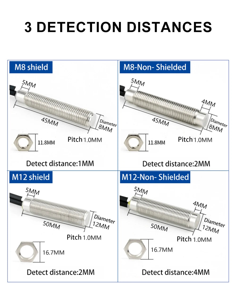 Cloweit M8/M12 All Metal Encapsulated Proximity Switch Sensor Inductive Three Wire NPN Normally Open