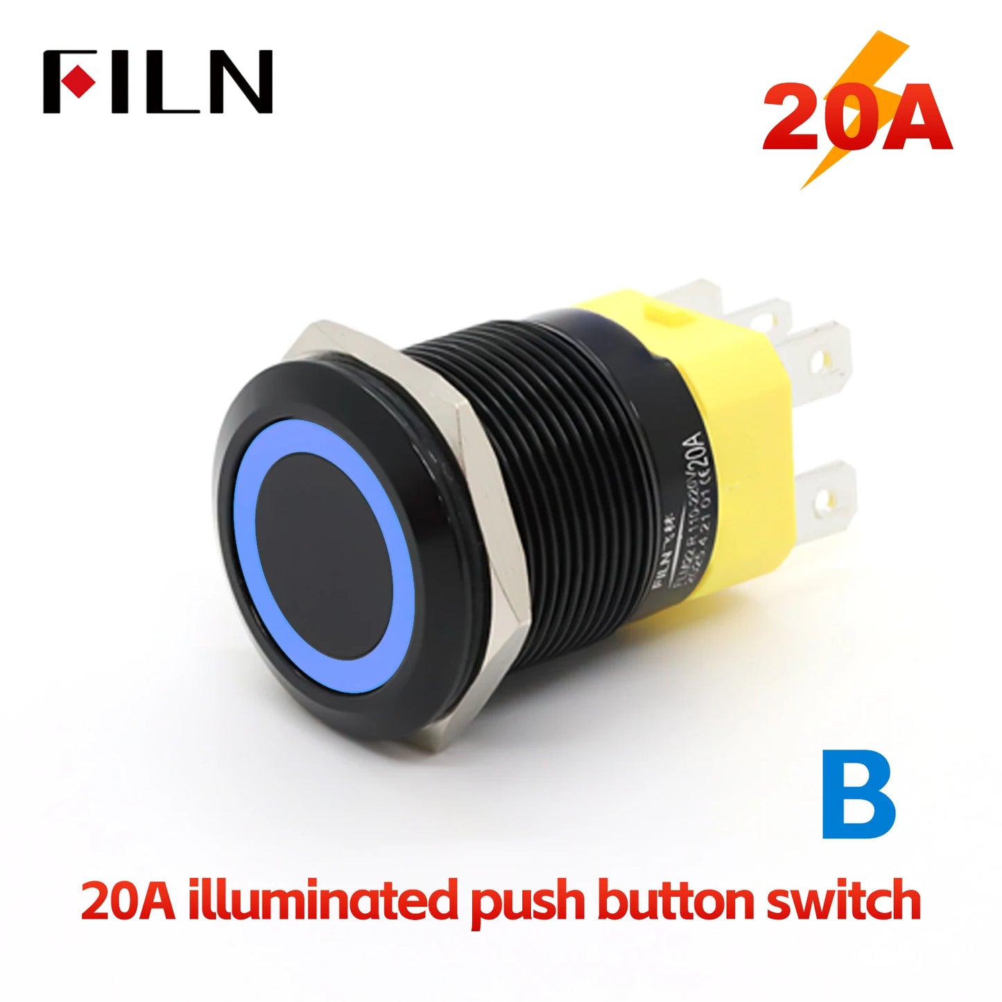FILN IP67 22mm 20A Waterproof Metal Button Stainless Steel Push Button Switch 12V 24V 110V 220V High Current Flat Ring Round