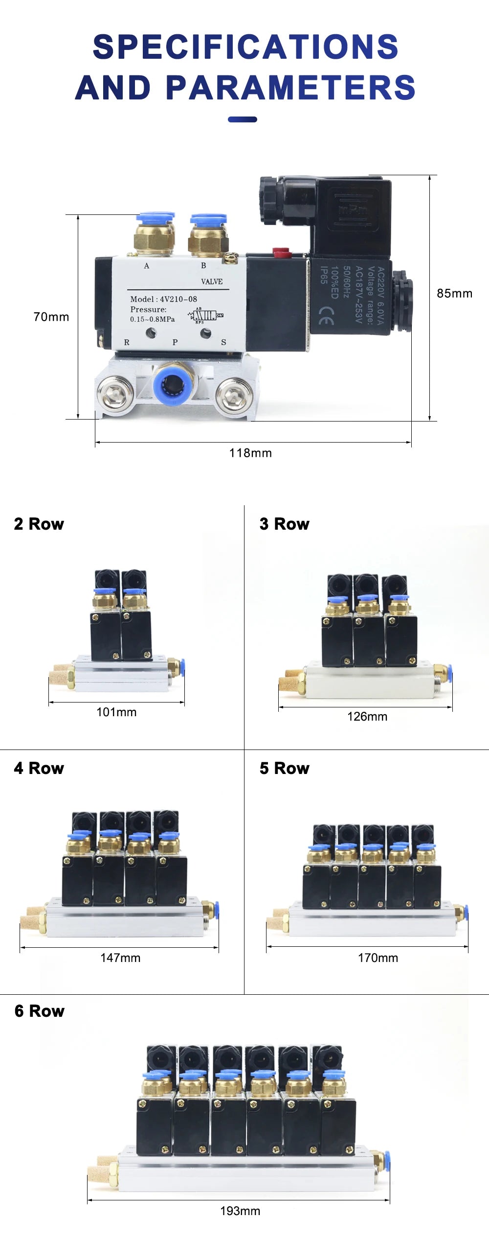 12/24V DC 110/220V AC Multi Option 4V210-08 Pneumatic Solenoid Valve Block With Muffler Fitting Base Manifold 2/3/4/6 Way