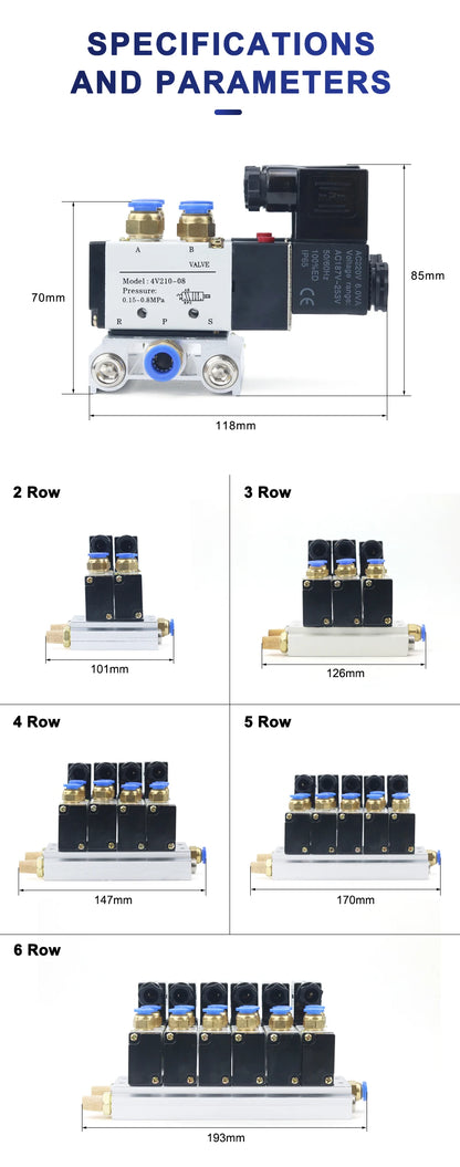 12/24V DC 110/220V AC Multi Option 4V210-08 Pneumatic Solenoid Valve Block With Muffler Fitting Base Manifold 2/3/4/6 Way