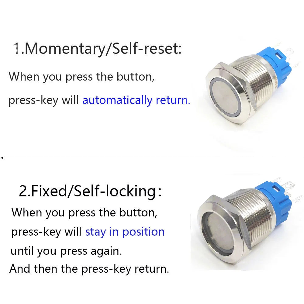 10pcs Momentary Switch 12v Metal Push Button Latching 16mm 19mm 22mm Red Blue LED Light Start Stop PC Power 3v 5v 6v 24v 220v