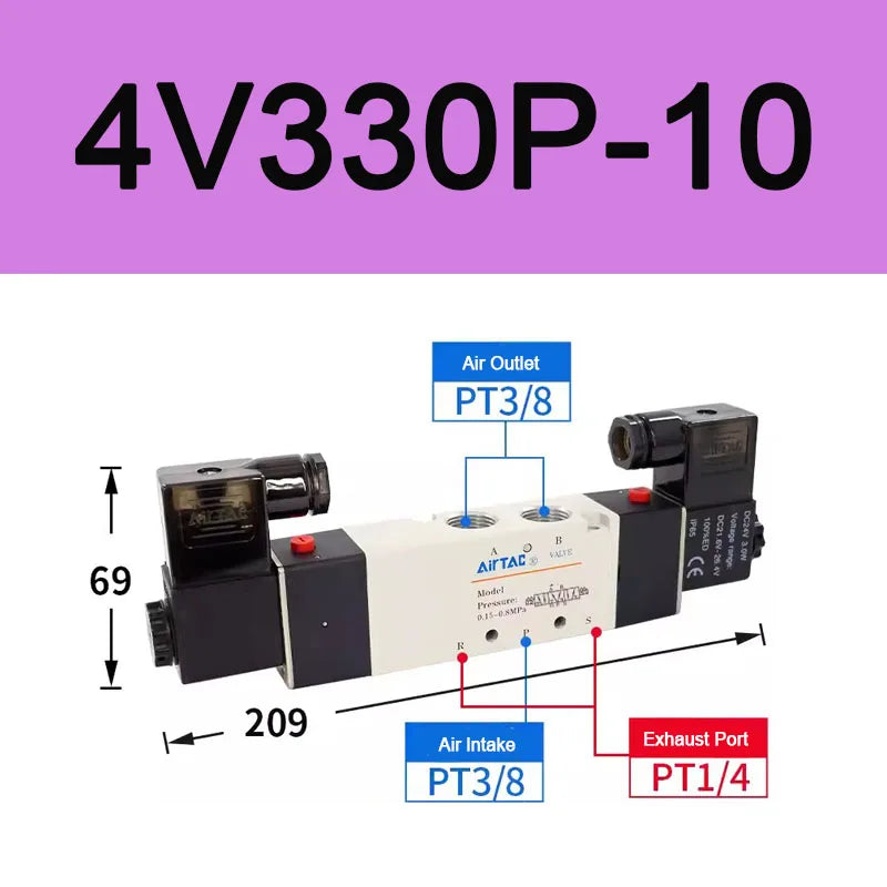 AirTAC 4V130C-06 4V230C-08 4V330C-10 4V430C-15 Pneumatic Air Solenoid Valve 5 Port 3 Position Way Reversing  12V 24V 110V 220V
