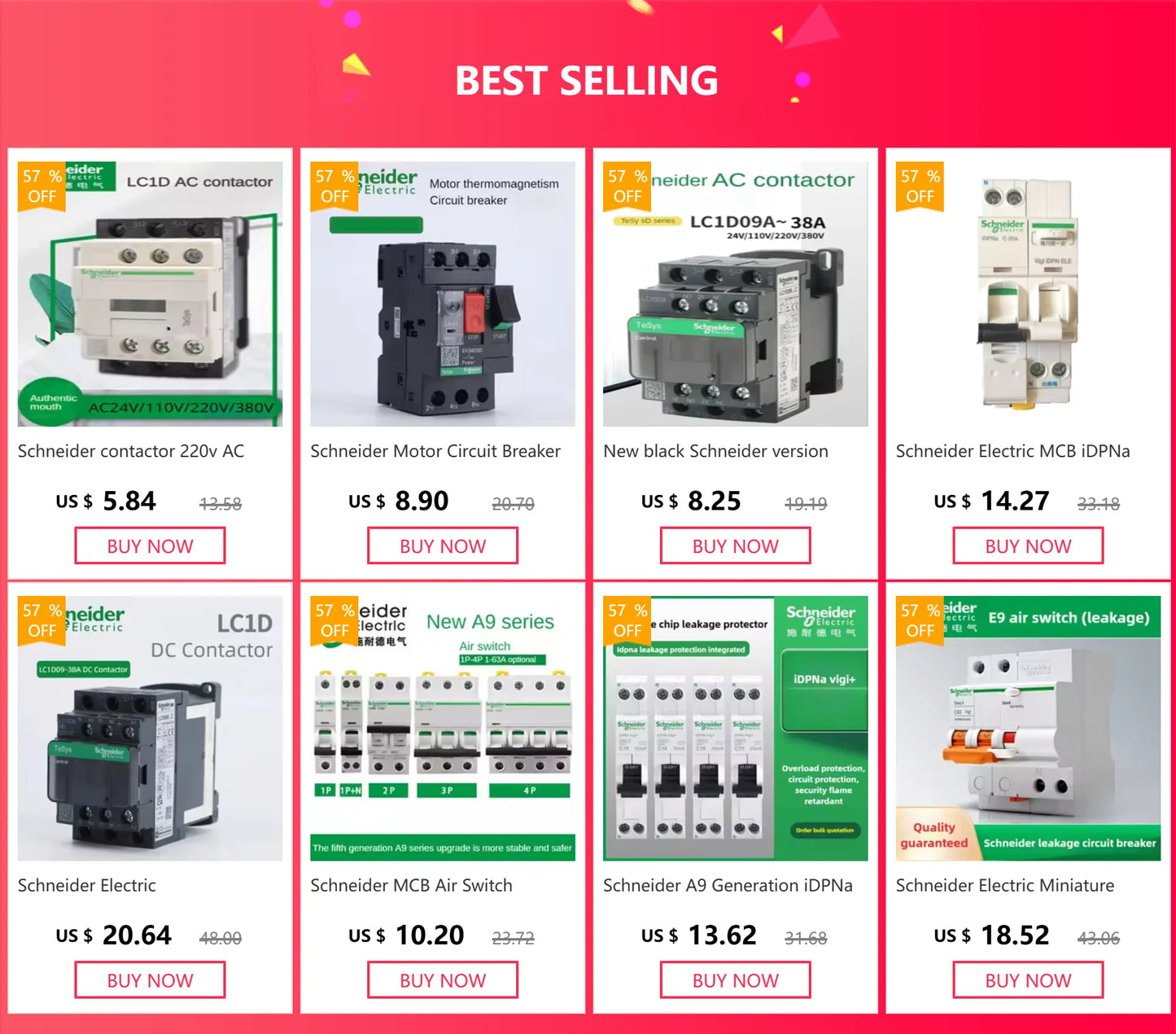 Schneider-Industrial Electrical Control Equipment, AC Contactors, LC1D Series, BC7, F7C, M7C, Q7C, 24V, 110V, 220V, 380V