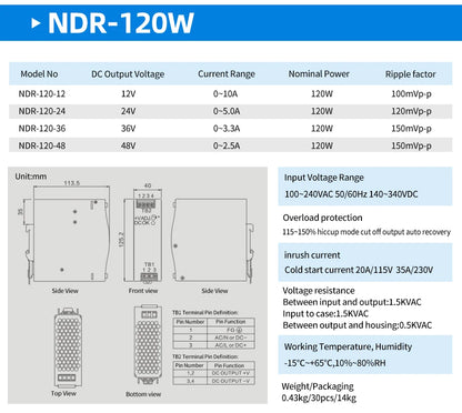 OMCH NDR Series 75/120/150/240/480W AC to DC Din-rail Switching Power Supply 100-240 or 200-240VAC Input 12V/24V/36V/48V Output