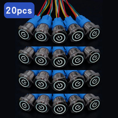 Botón Pulsador Metálico con Zócalo (20 pzas) 16/19/22mm, LED, Momentáneo/Enclavable, Impermeable, 5V-220V