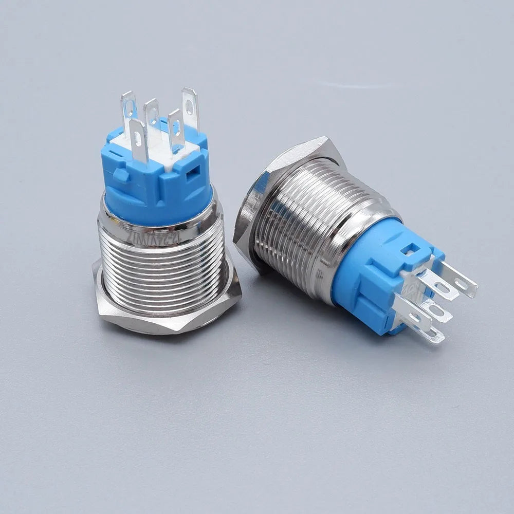 Botón Pulsador Metálico con Zócalo (20 pzas) 16/19/22mm, LED, Momentáneo/Enclavable, Impermeable, 5V-220V