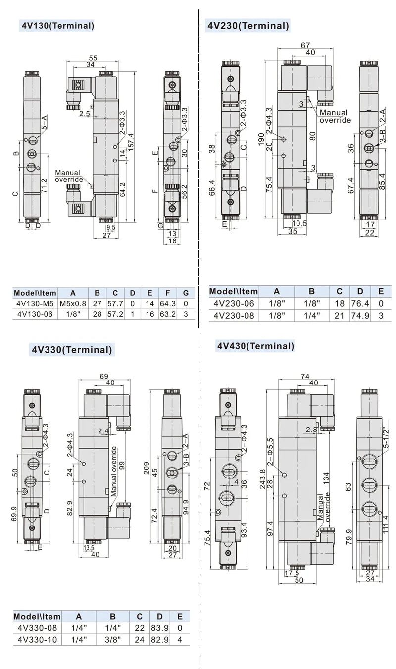 4V Series Pneumatic Valve 5/2 5/3  Valves Controller 4V210-08 4V220-08 4V330C-10 Air Electromagnetic AC220V DC24V DC12V Solenoid